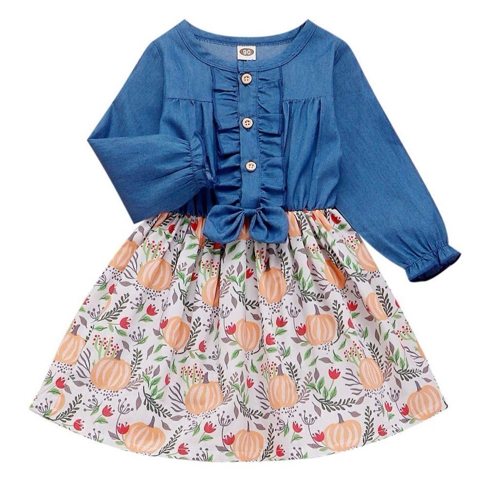 Toddler Girls Chambray Thanksgiving Pumpkin Long Sleeve Ruffle Dress 2T / 90cm
